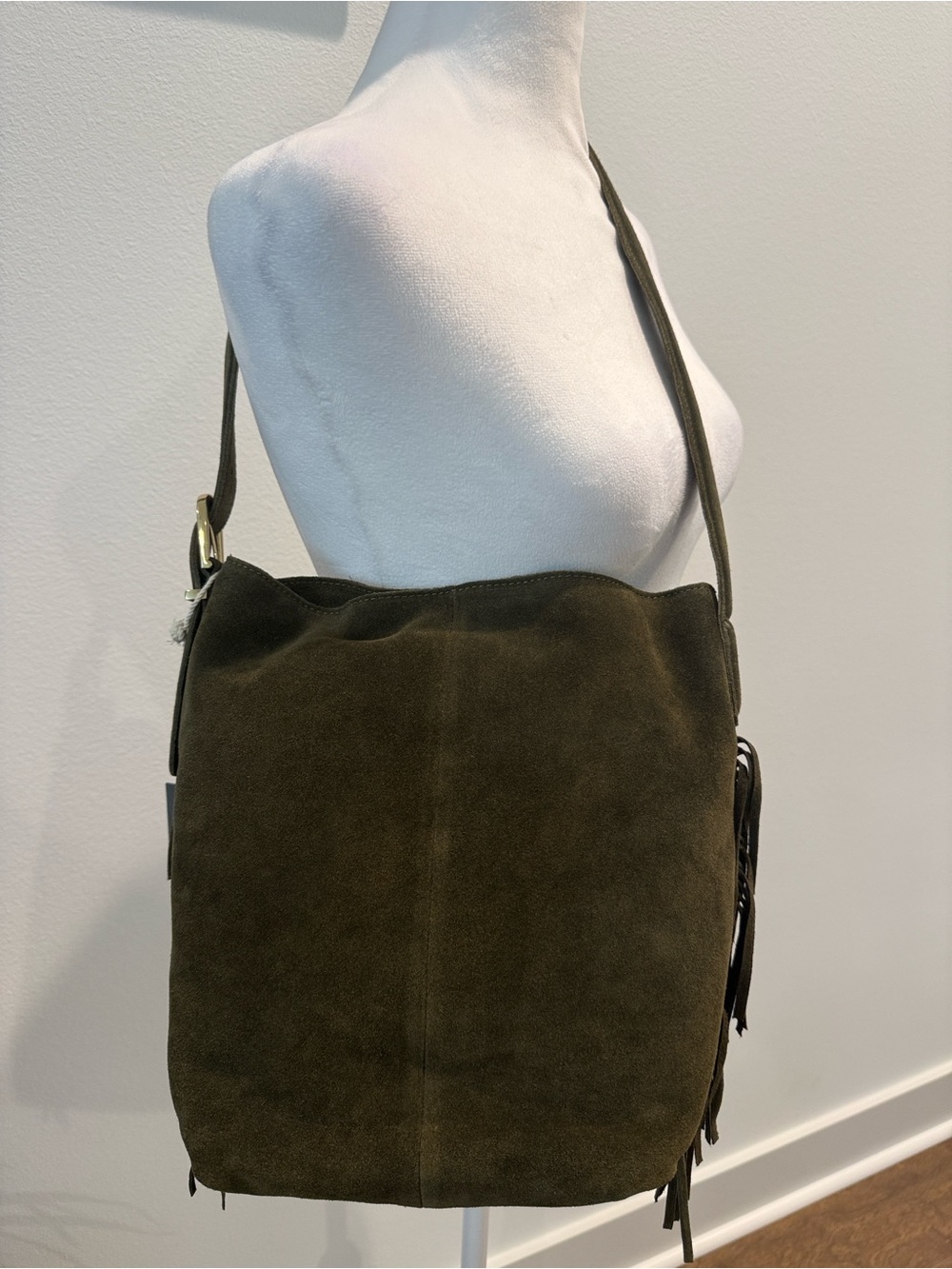 Haute Hippie Suede Fringe Olive Green Bucket Shoulder Bag Purse NWT - Picture 5 of 16